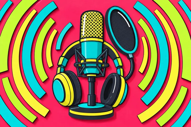 Un micro de podcast sur pied avec un casque, entouré d'ondes en papier