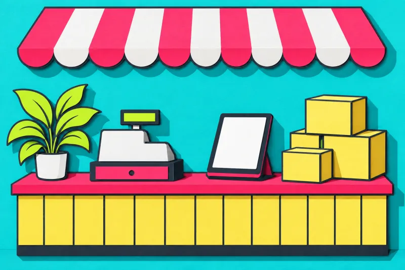 Le comptoir d'une petite boutique, caisse, tablette et colis, sous un auvent rayé