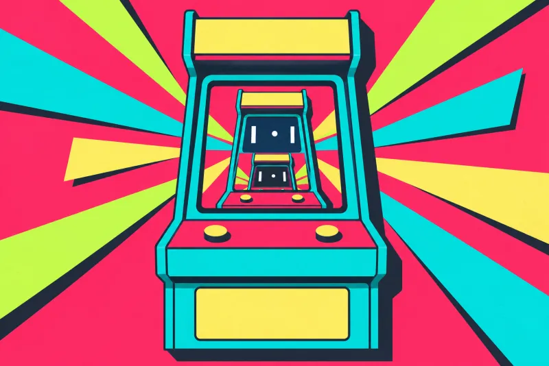 Une borne d'arcade dont l'écran ouvre sur une autre borne, à l'infini