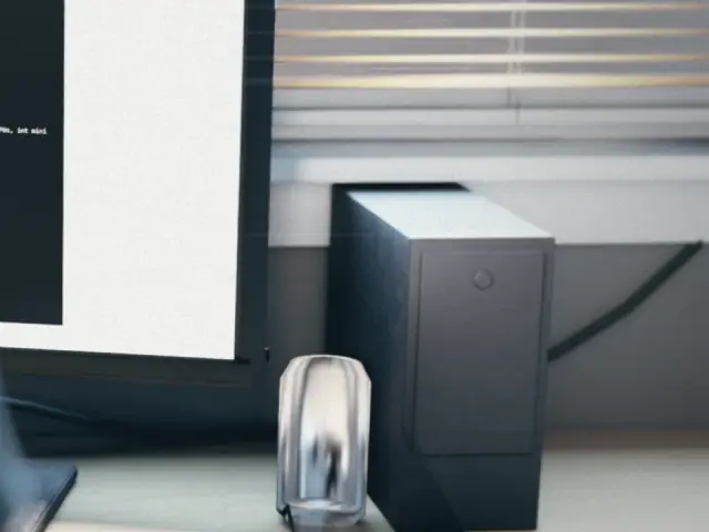 Un écran de code et une tour d'ordinateur sur un bureau, devant un store